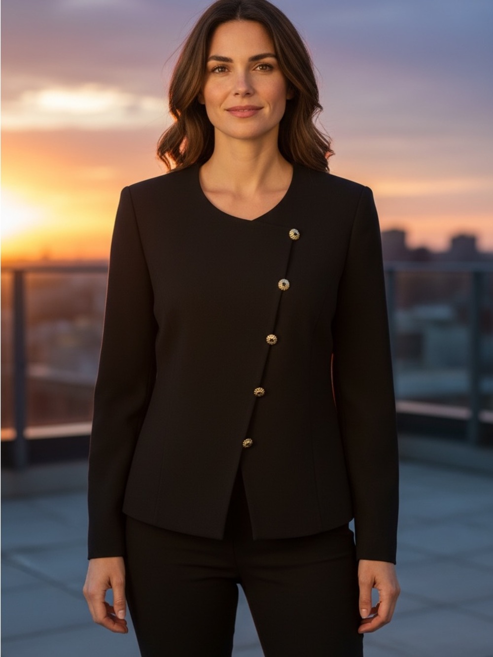 Asymmetric Black Button-Front Blazer - Women's Professional Jacket